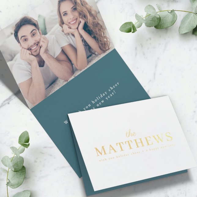 Stylish Christmas | Minimal Teal Fun Couple Photo Foil Card (Creator Uploaded)