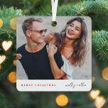 Stylish Christmas | Modern Trendy Couple Photo Metal Ornament<br><div class="desc">A stylish holiday photo ornament with modern typography “Merry Christmas" in red and handwritten script typography for the couples name(s) on a clean simple minimalist white background. The photo, name and greeting can be easily customized for a personal touch. A simple, minimalist and contemporary christmas design to stand out this...</div>