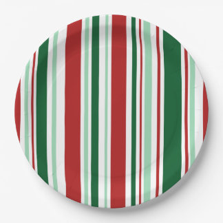 Stylish Christmas Party Red, Green, White Stripes Paper Plates