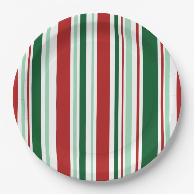 Stylish Christmas Party Red, Green, White Stripes Paper Plates (Front)