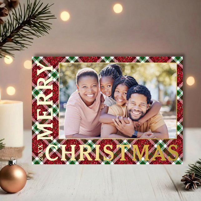 Stylish Christmas Plaid Photo Foil Holiday Card (REAL GOLD FOIL Merry Christmas on sparkly plaid photo holiday greeting cards)