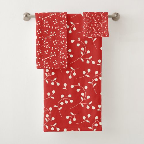 Stylish Christmas Red and White Botanical Pattern Bath Towel Set