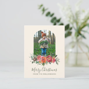 Stylish Christmas Red Floral Minimalist Photo  Holiday Card
