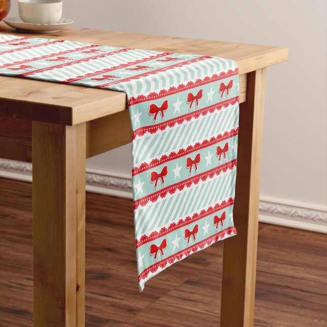 Stylish Christmas Red Mint White Pattern Short Table Runner (In Situ)
