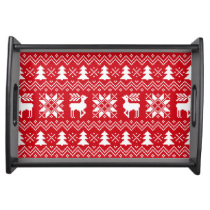 Stylish Christmas Red Pattern With Reindeers Serving Tray