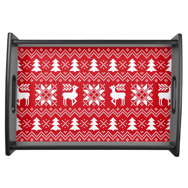 Stylish Christmas Red Pattern With Reindeers Serving Tray (Front)