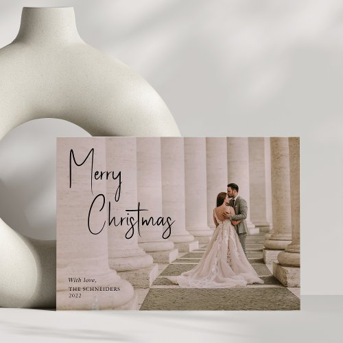 Stylish Christmas Script Overlay Wedding Photo Holiday Card