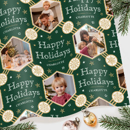 Stylish Christmas Snowflake Photo Green Gold Wrapping Paper