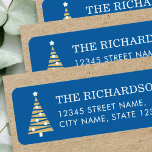 Stylish Christmas Tree Blue Gold Return Address Label<br><div class="desc">Festive return address labels,  with editable text and a simple and stylish Christmas tree. Colors: blue,  white and gold.</div>