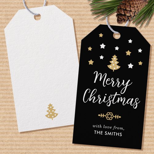 Stylish Christmas Tree Editable Name Black Gift Tags