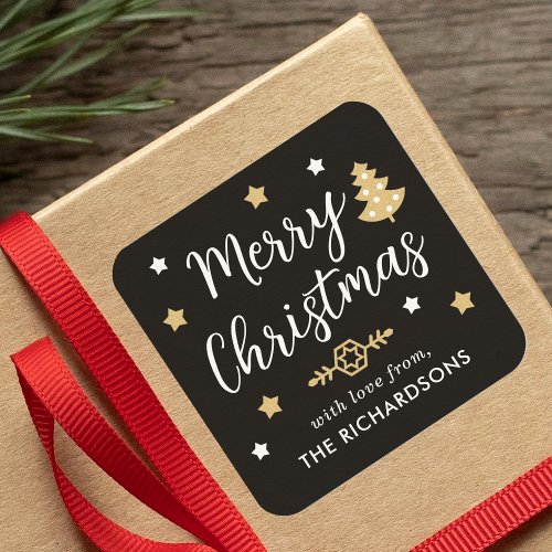 Stylish Christmas Tree Editable Name Black Square Sticker