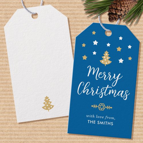 Stylish Christmas Tree Editable Name Blue Gift Tags