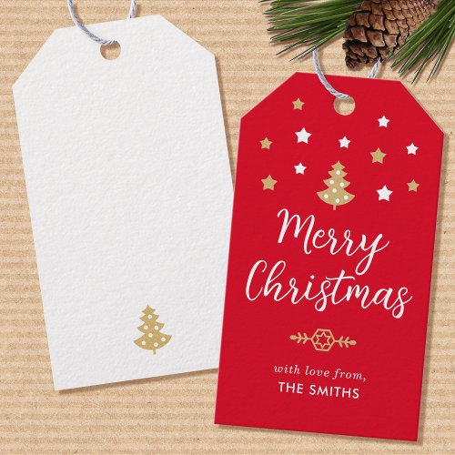 Stylish Christmas Tree Editable Name Red Gift Tags