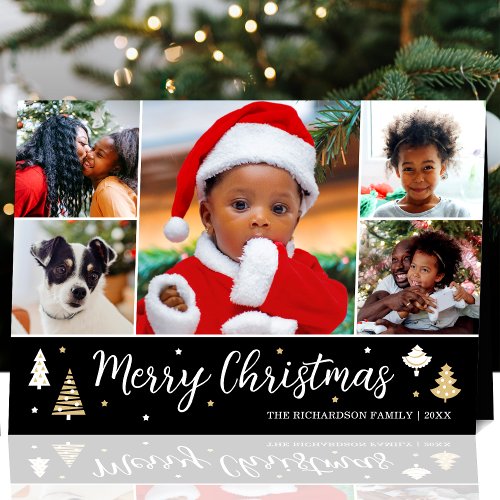  Stylish Christmas Tree Photo Collage Black Folded Holiday Card