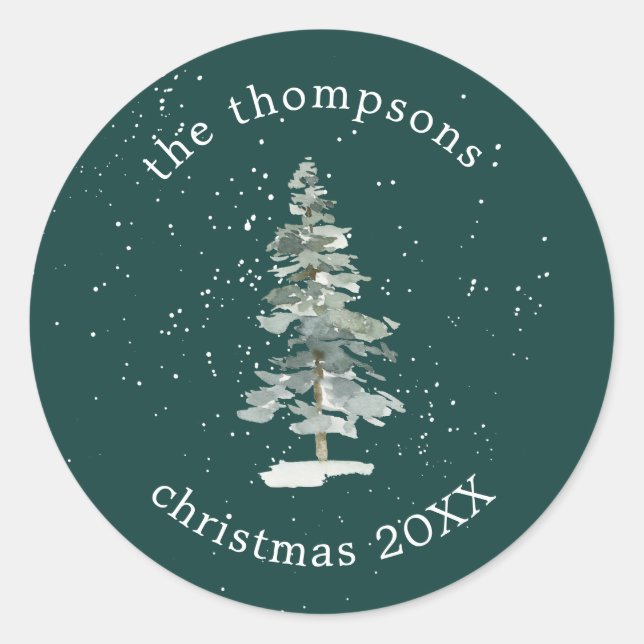 Stylish Christmas Tree Snowfall Green Classic Round Sticker (Front)