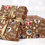 Stylish Christmas Trees Photo Collage Name Brown Wrapping Paper<br><div class="desc">Make your Christmas gift extra special with this personalized photo wrapping paper. A stylish template with five of your own photos and the recipient's name or family name. This festive design features a traditional holiday pattern with Christmas trees, snowflakes and stars. Premium quality paper, available with a matte or glossy...</div>