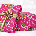 Stylish Christmas Trees Photo Collage Name Pink Wrapping Paper<br><div class="desc">Make your Christmas gift extra special with this personalized photo wrapping paper. A stylish template with five of your own photos and the recipient's name or family name. This festive design features a traditional holiday pattern with Christmas trees, snowflakes and stars. Premium quality paper, available with a matte or glossy...</div>