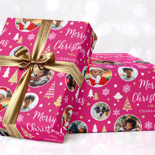 Stylish Christmas Trees Photo Collage Name Pink Wrapping Paper