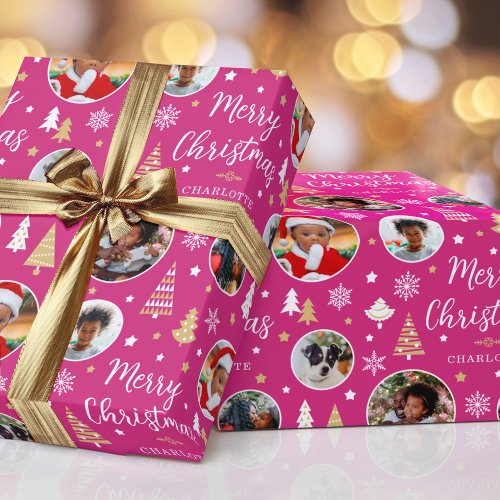 Stylish Christmas Trees Photo Collage Name Pink Wrapping Paper