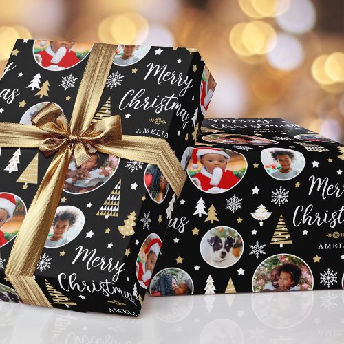 Stylish Christmas Trees Photo Name Black Wrapping Paper