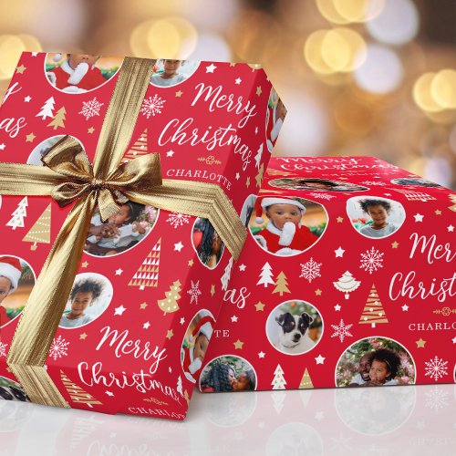 Stylish Christmas Trees Photo Name Red Wrapping Paper