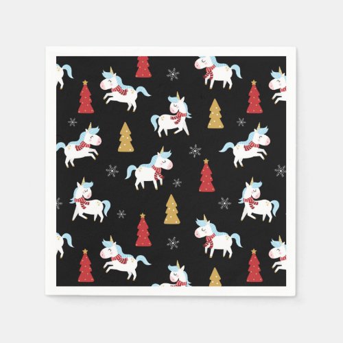 Stylish Christmas Unicorns Winter Snowflakes Trees Napkins