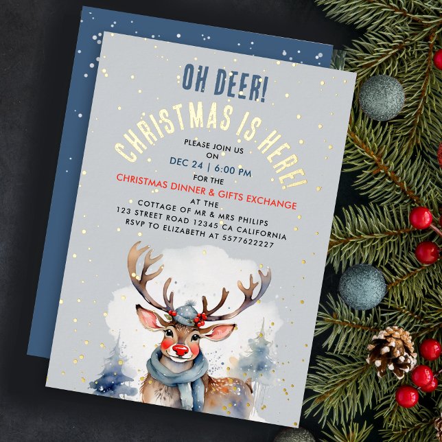 Stylish Christmas Winter Reindeer Watercolor Foil Invitation (Creator Uploaded)