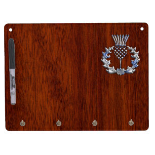 Stylish Chrome and Mahogany Wood Scottish Thistle Dry Erase Board With Keychain Holder