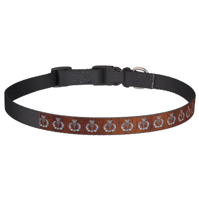 Stylish Chrome and Mahogany Wood Scottish Thistle Pet Collar (Front)