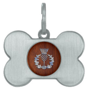 Stylish Chrome and Mahogany Wood Scottish Thistle Pet Name Tag