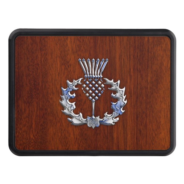 Stylish Chrome and Mahogany Wood Scottish Thistle Tow Hitch Cover (Front)