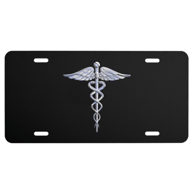Stylish Chrome Like Caduceus Medical Symbol License Plate (Front)