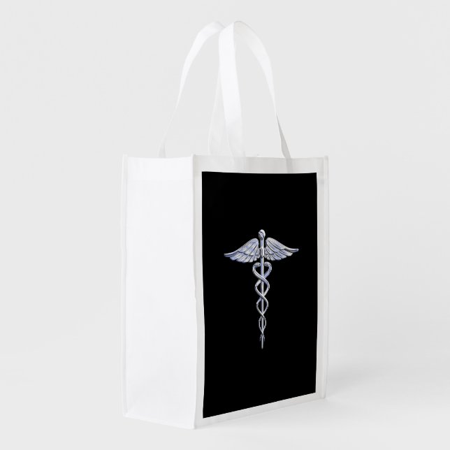 Stylish Chrome Like Caduceus Medical Symbol Reusable Grocery Bag (Back Side)