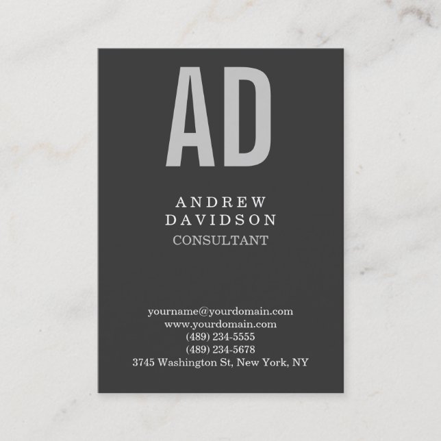 Stylish Chubby Gray Monogram Plain Business Card (Front)