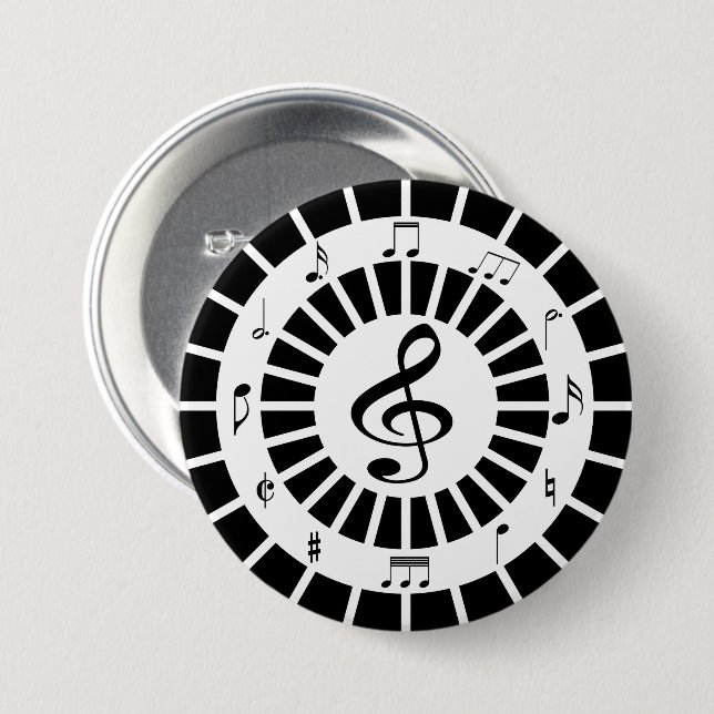 Stylish circular black white musical notes design button (Front & Back)