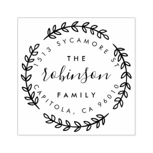 Stylish Circular Leaf Family Name Return Address Rubber Stamp