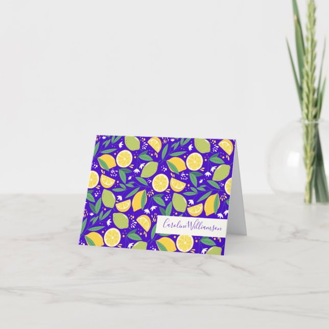 Stylish Citrus Lemon Blue Botanical Personalized Note Card (Front)