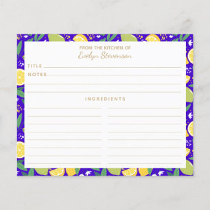 Stylish Citrus Lemon Botanical Blue Recipe Card