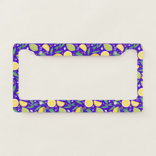 Stylish Citrus Lemon Botanical Pattern in Blue  License Plate Frame
