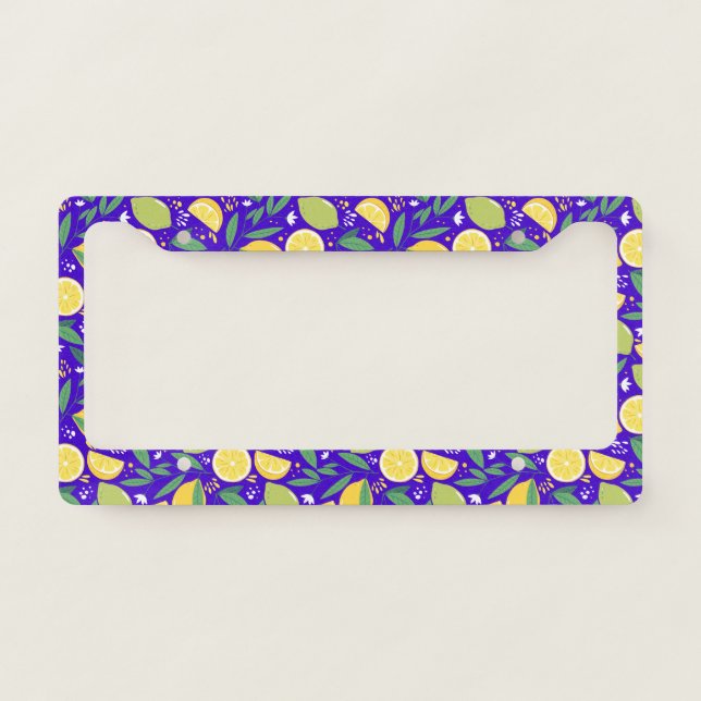 Stylish Citrus Lemon Botanical Pattern in Blue  License Plate Frame (Front)