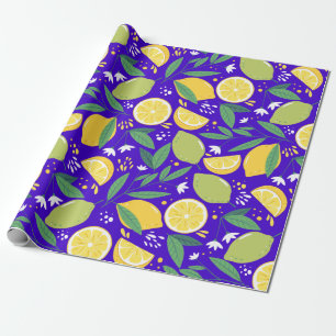 Stylish Citrus Lemon Botanical Pattern in Blue Wrapping Paper