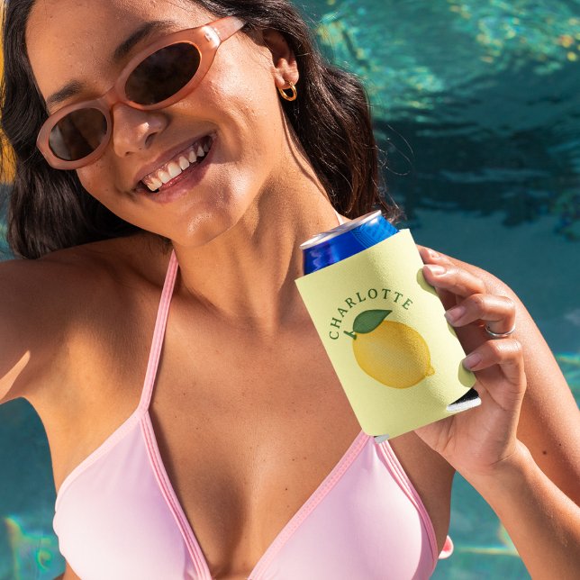 Stylish Citrus Lemon Yellow Summer Monogram Seltzer Can Cooler (Creator Uploaded)