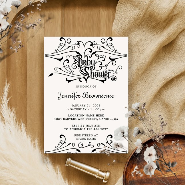 Stylish Classic Black Retro Ornament Baby Shower Invitation