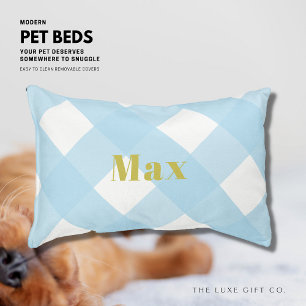 Stylish Classic Blue Gingham Monogram Name Pet Bed
