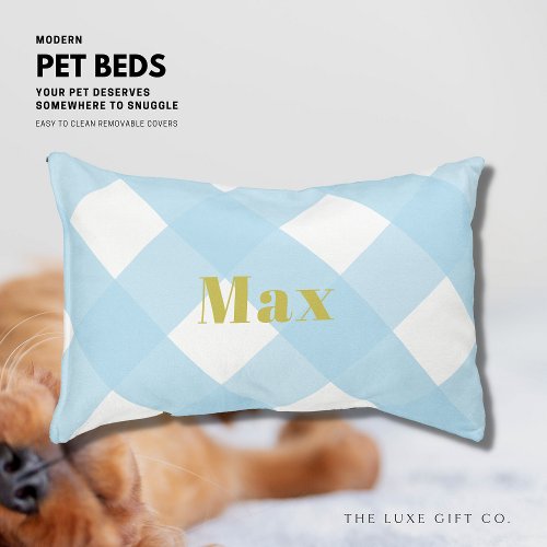 Stylish Classic Blue Gingham Monogram Name Pet Bed