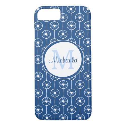 Stylish Classic Blue Heart Dots Monogrammed Name iPhone 87 Case