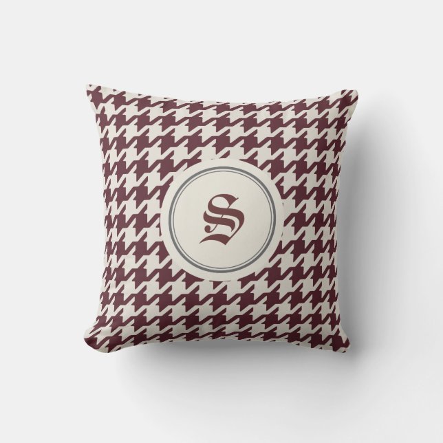 Stylish classic brown houndstooth with monogram throw pillow (Front)