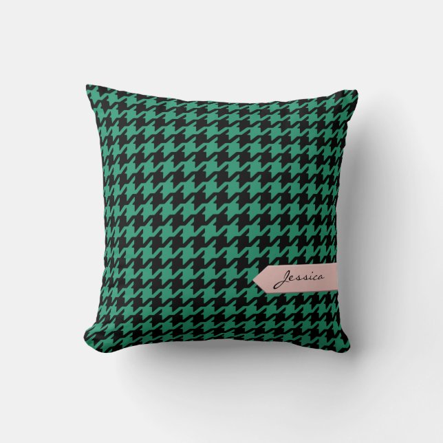 Stylish classic emerald houndstooth with monogram throw pillow (Front)