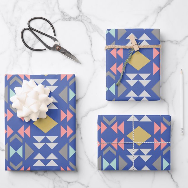 Stylish Classic Geometric Shapes Pattern in Blue  Wrapping Paper Sheets (Front)