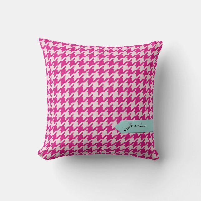 Stylish classic pink houndstooth with monogram throw pillow (Front)